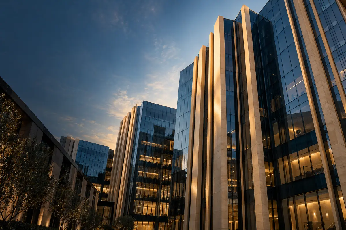 Modern commercial buildings representing real estate operations